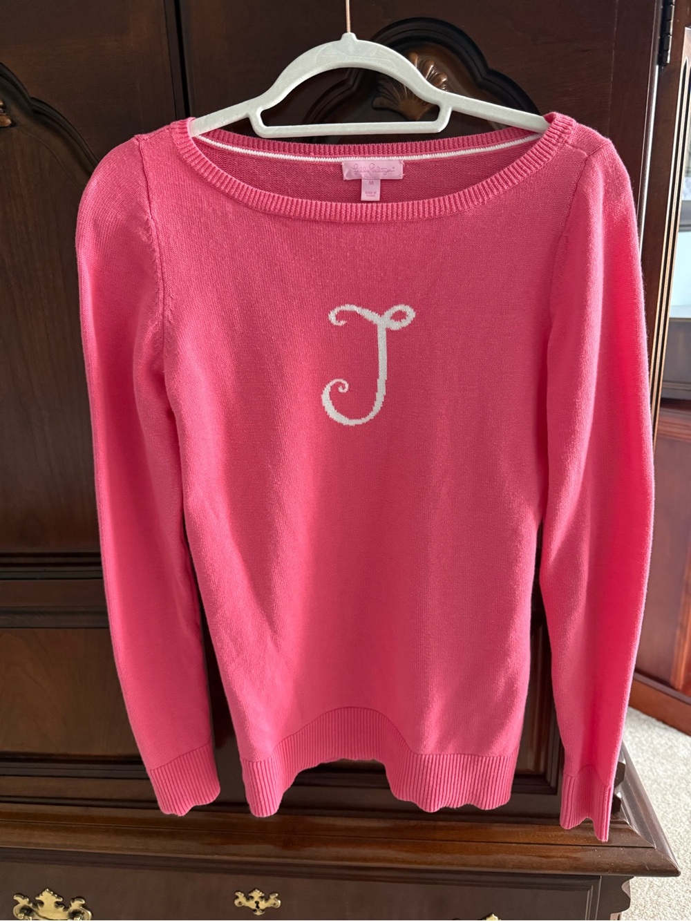 Lilly Pulitzer Hot Pink Crewneck Sweater with White 'J' Monogram